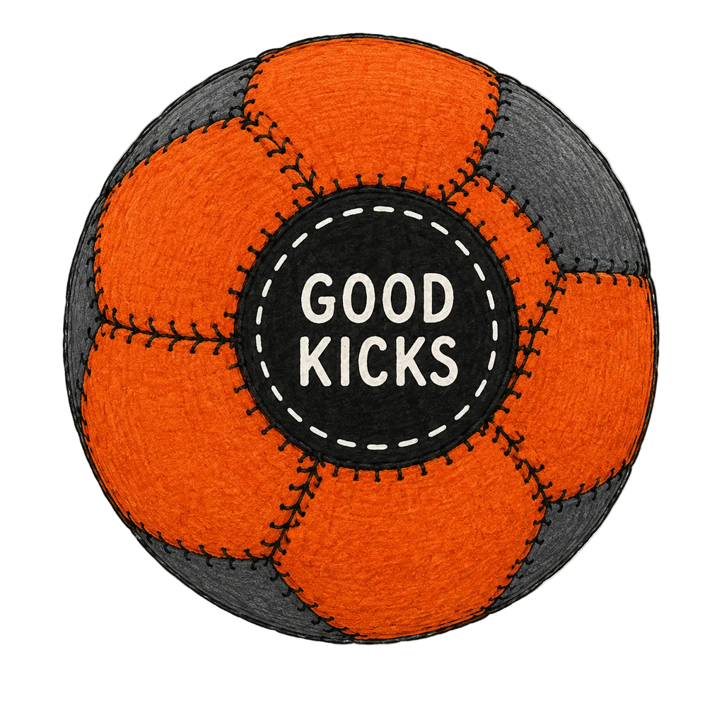 Tennessee colorway hacky sack — orange and charcoal 12-panel footbag with Good Kicks logo center patch