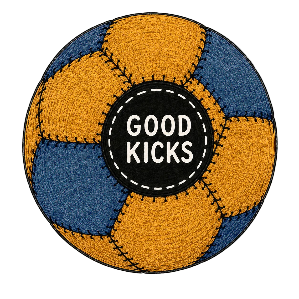 California colorway hacky sack — mustard gold and cobalt blue 12-panel footbag with Good Kicks logo center patch