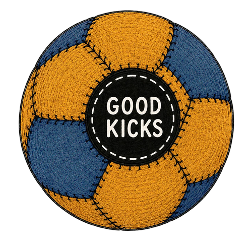 California colorway hacky sack — mustard gold and cobalt blue 12-panel footbag with Good Kicks logo center patch